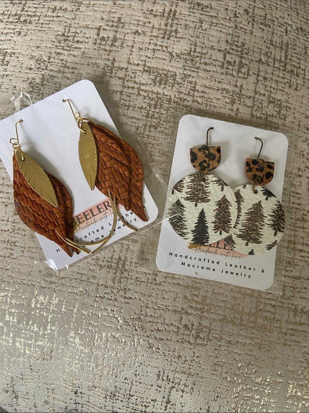 Handcrafted Brown Leather Feather Drop Earrings & Leopard/Fall Season Earrings
